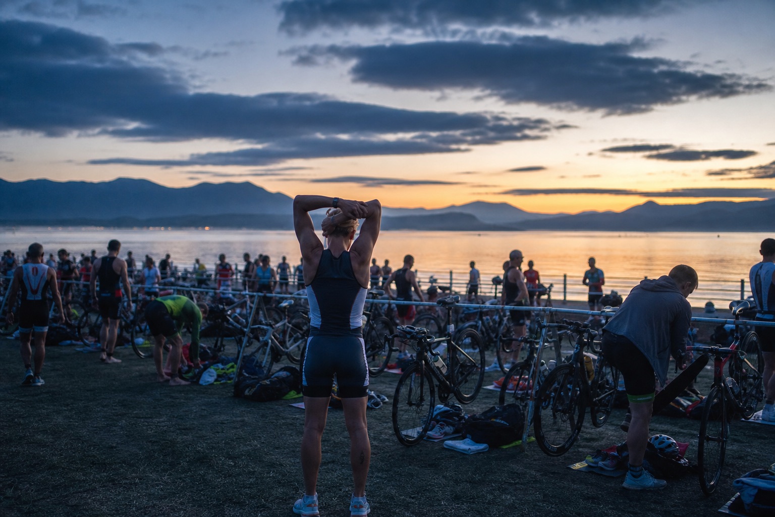 Dawn light over a triathlon transition area